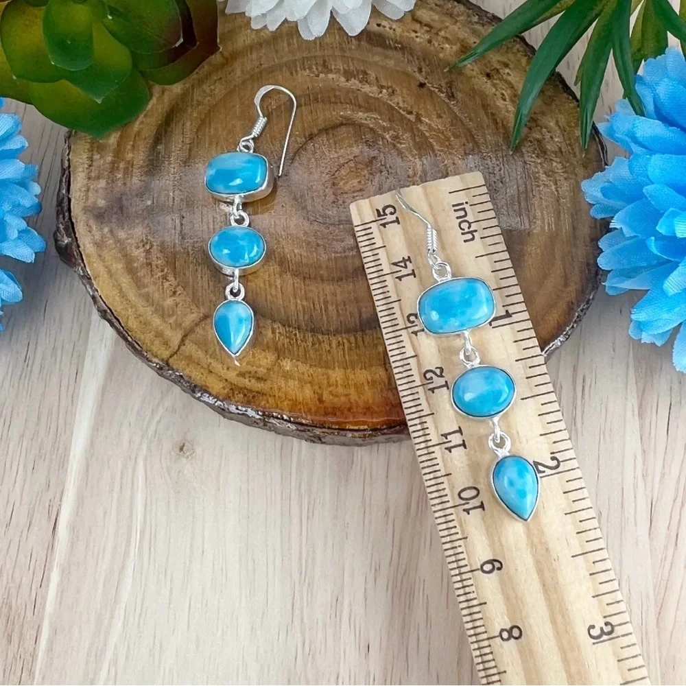 Solid 925 Set Blue Jasper Pink Opal Larimar Pendant Spinel Necklace Earrings - Picture 3 of 8